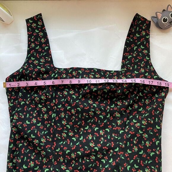 Vintage Cherry Print Dress Square Neck Midi Length Pin-Up Custom Made Women’s L - Picture 5 of 16